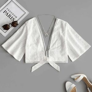 V-Neck White Lace Tie Shirt